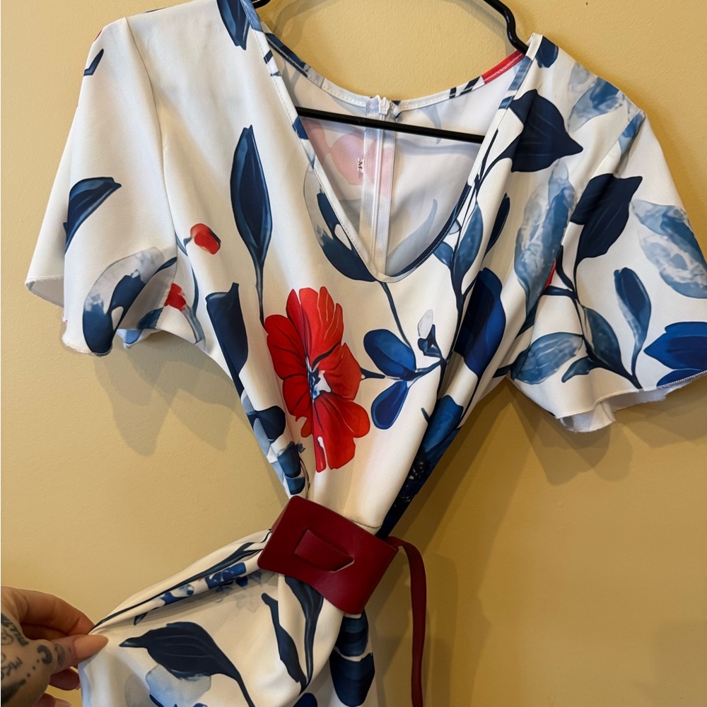 Floral Wrap Dress with Red and Blue Accents